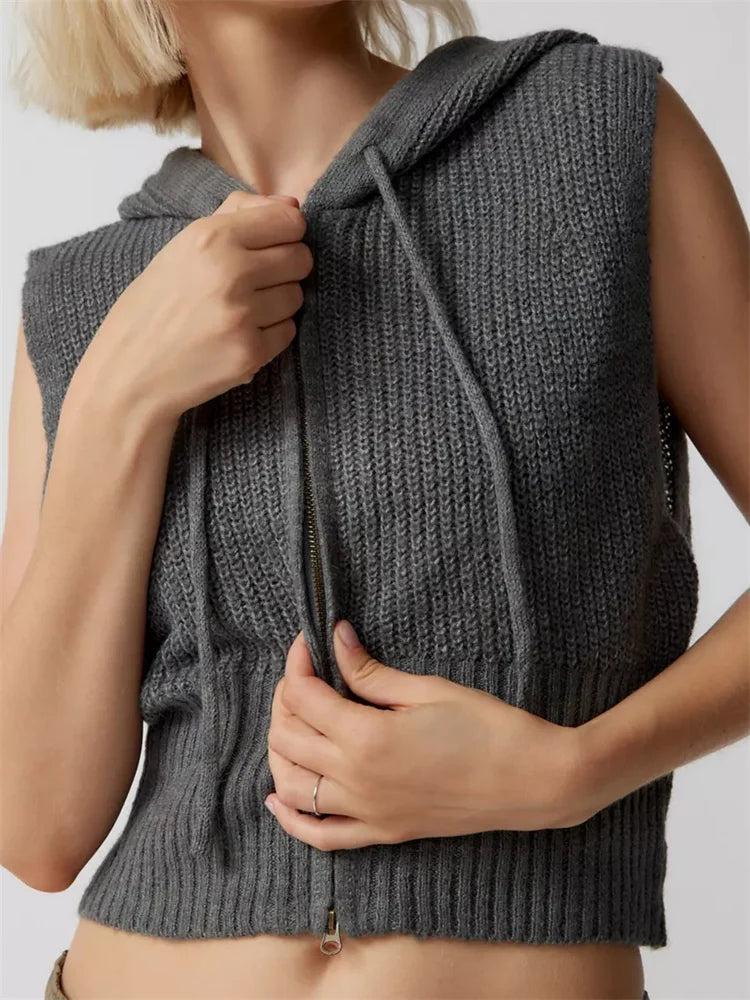 Fashion Knitted Hooded Sweater Vest Solid Color Front Zip Up Drawstring Sleeveless Cropped Streetwear Crop Top