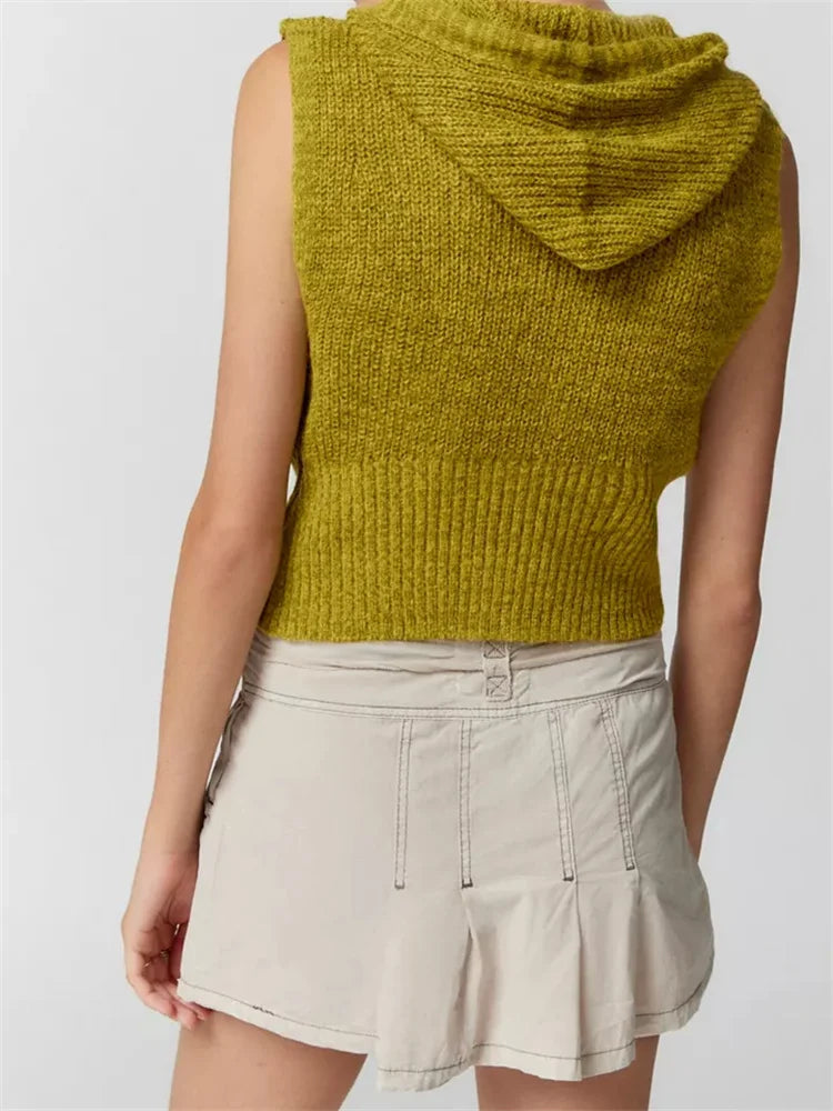 Fashion Knitted Hooded Sweater Vest Solid Color Front Zip Up Drawstring Sleeveless Cropped Streetwear Crop Top
