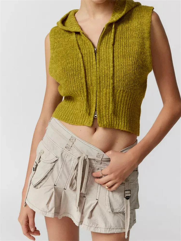 Fashion Knitted Hooded Sweater Vest Solid Color Front Zip Up Drawstring Sleeveless Cropped Streetwear Crop Top