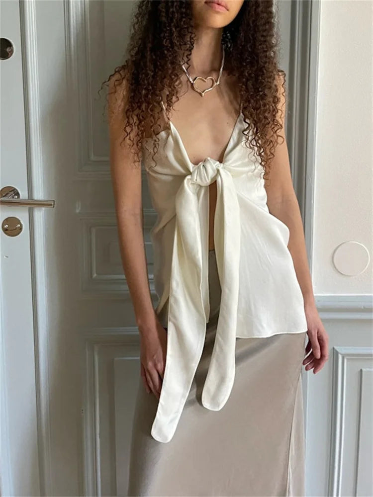 Female Summer Solid Strap Tie Up Irregular Vest Y2K Retro V-neck Party Off Shoulder Backless Cropped Crop Top