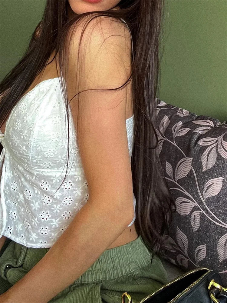 Floral White Fairy 00s Retro Strap V-neck Y2K Aesthetics Tie-up Mini Vest Summer Boho Beach Tank Crop Top