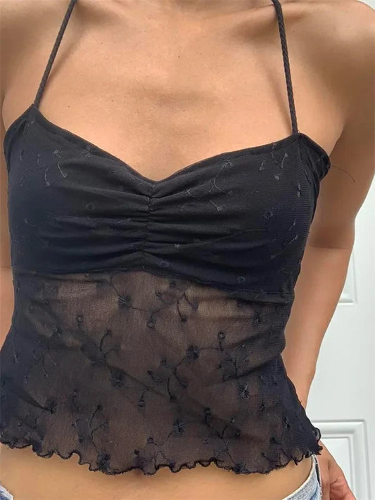 Flower Mesh Patchwork Fairycore Retro Halter Y2K Aesthetics Backless Summer Boho Beach Tank Crop Top