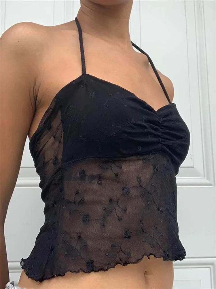 Flower Mesh Patchwork Fairycore Retro Halter Y2K Aesthetics Backless Summer Boho Beach Tank Crop Top