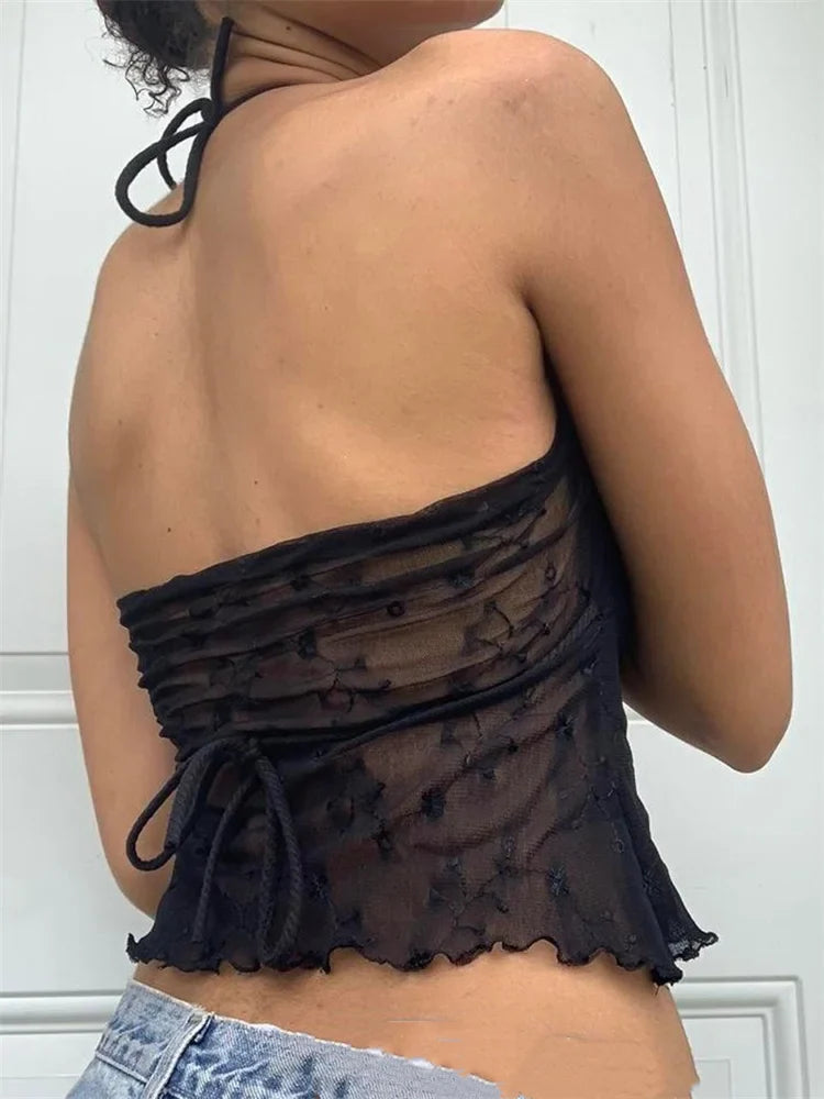 Flower Mesh Patchwork Fairycore Retro Halter Y2K Aesthetics Backless Summer Boho Beach Tank Crop Top