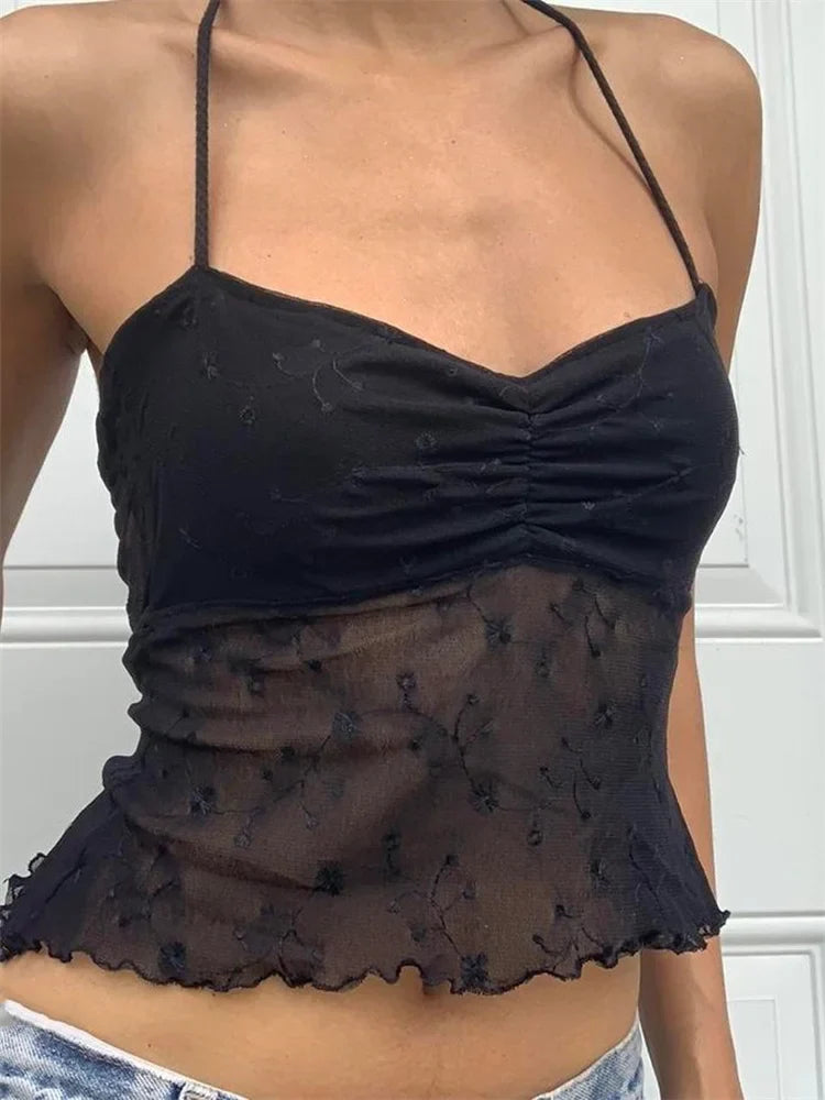 Flower Mesh Patchwork Fairycore Retro Halter Y2K Aesthetics Backless Summer Boho Beach Tank Crop Top