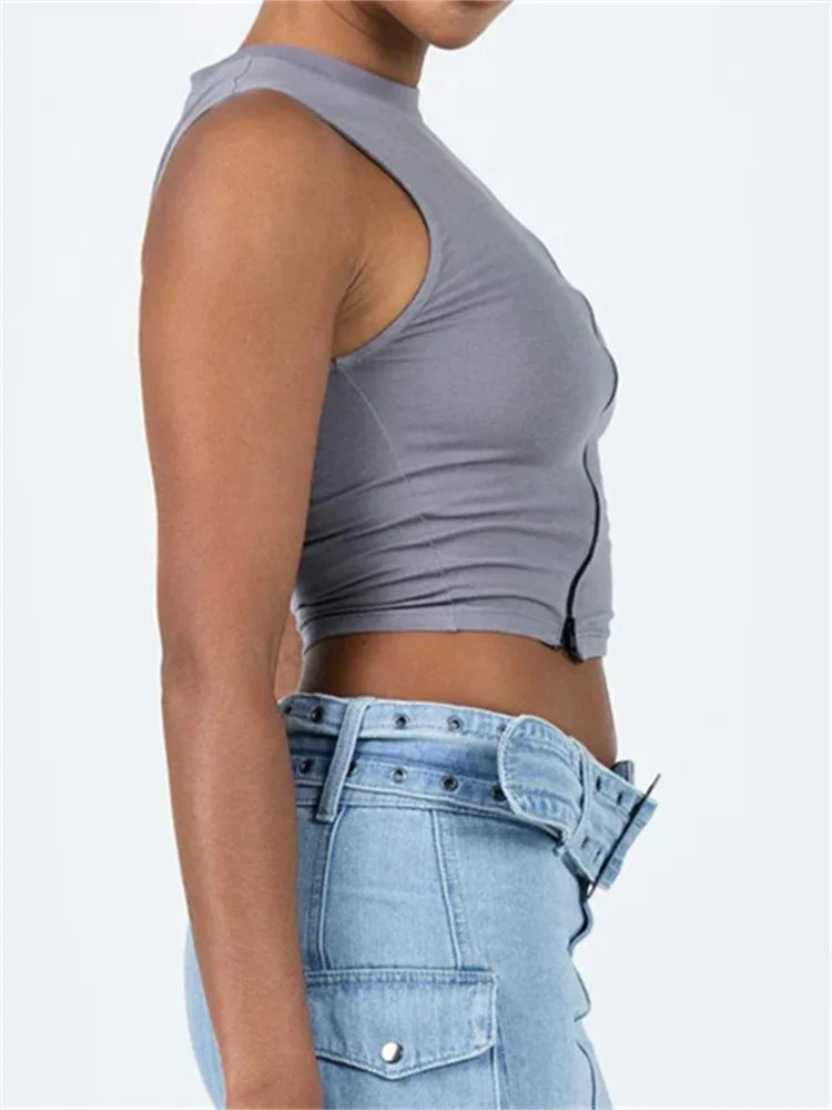 Front Irregular Zipper Summer Streetwear Sleeveless Slim Fit Solid Basic Mini Vest New Crop Top