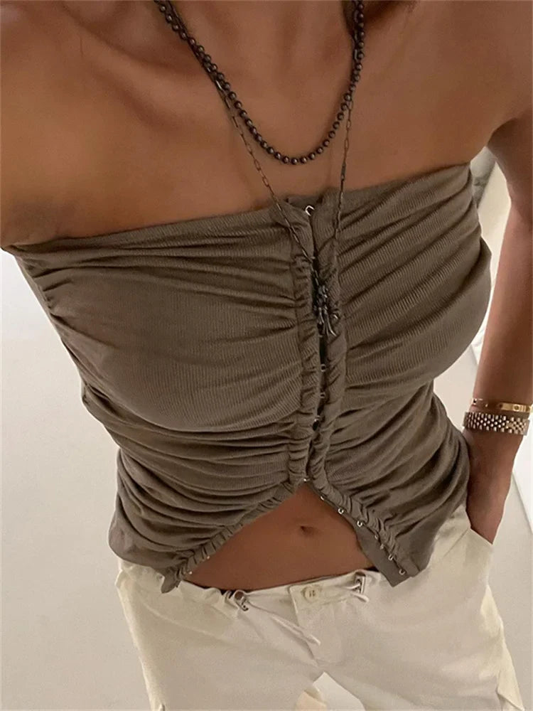 Ruched Strapless Off Shoulder Tube Cropped Summer Clubwear Y2K Front Buttons Up Slim Vests Crop Top