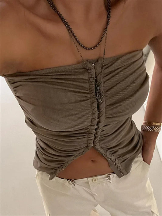 Ruched Strapless Off Shoulder Tube Cropped Summer Clubwear Y2K Front Buttons Up Slim Vests Crop Top
