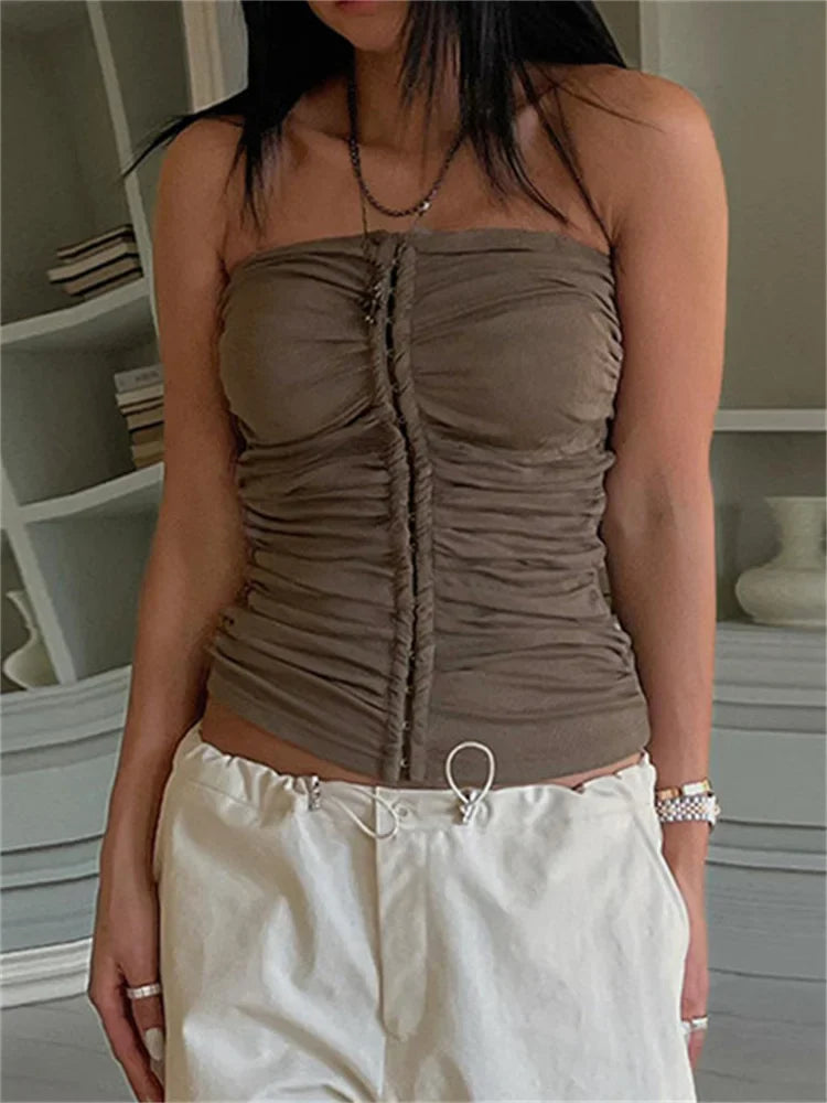 Ruched Strapless Off Shoulder Tube Cropped Summer Clubwear Y2K Front Buttons Up Slim Vests Crop Top