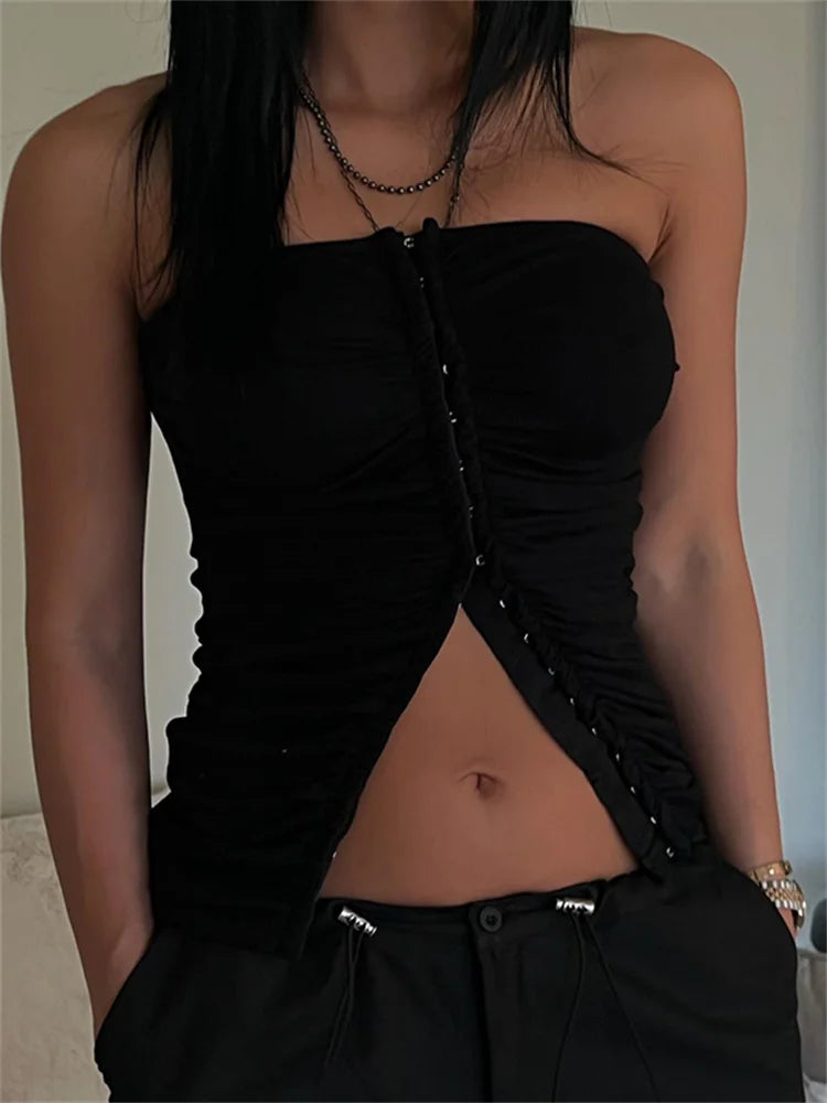 Ruched Strapless Off Shoulder Tube Cropped Summer Clubwear Y2K Front Buttons Up Slim Vests Crop Top