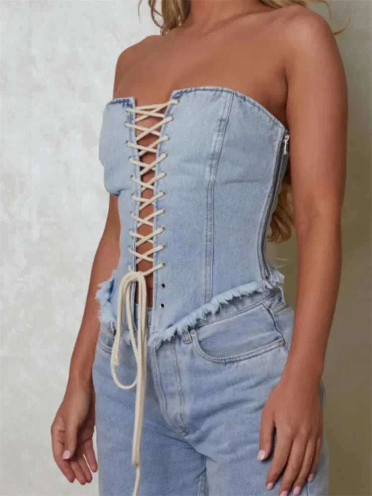 Bustiers Corsets Summer Party Clubwear Strapless Off Shoulder Criss-cross Tie-up Irregular Hem Vests Crop Top