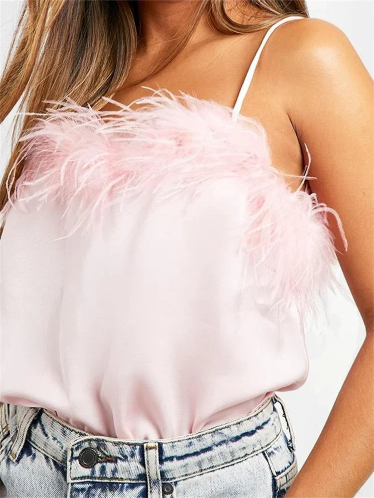 Elegant Sleeveless Strap Fur Patchwork Summer Vest Party Club Streetwear Solid Color Crop Top