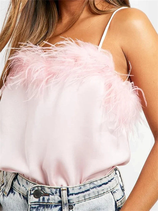 Elegant Sleeveless Strap Fur Patchwork Summer Vest Party Club Streetwear Solid Color Crop Top