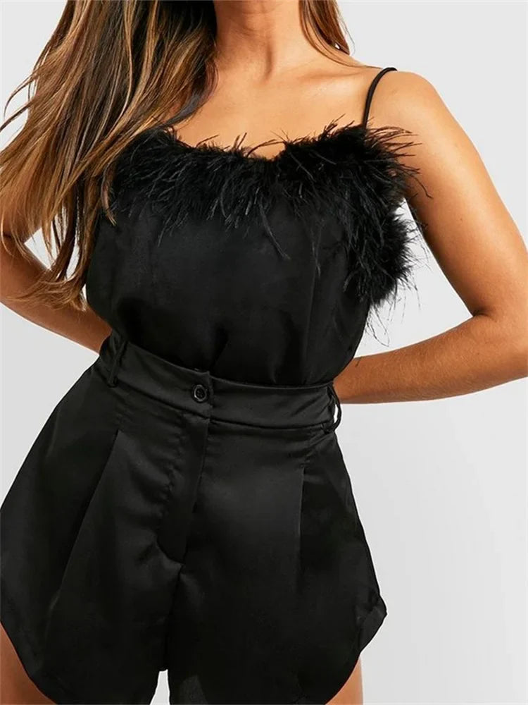 Elegant Sleeveless Strap Fur Patchwork Summer Vest Party Club Streetwear Solid Color Crop Top