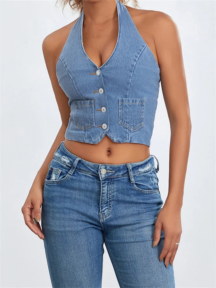 Halter Off Shoulder Sleeveless Backless Buttons Up Summer Denim Vest Club Party Streetwear Crop Top