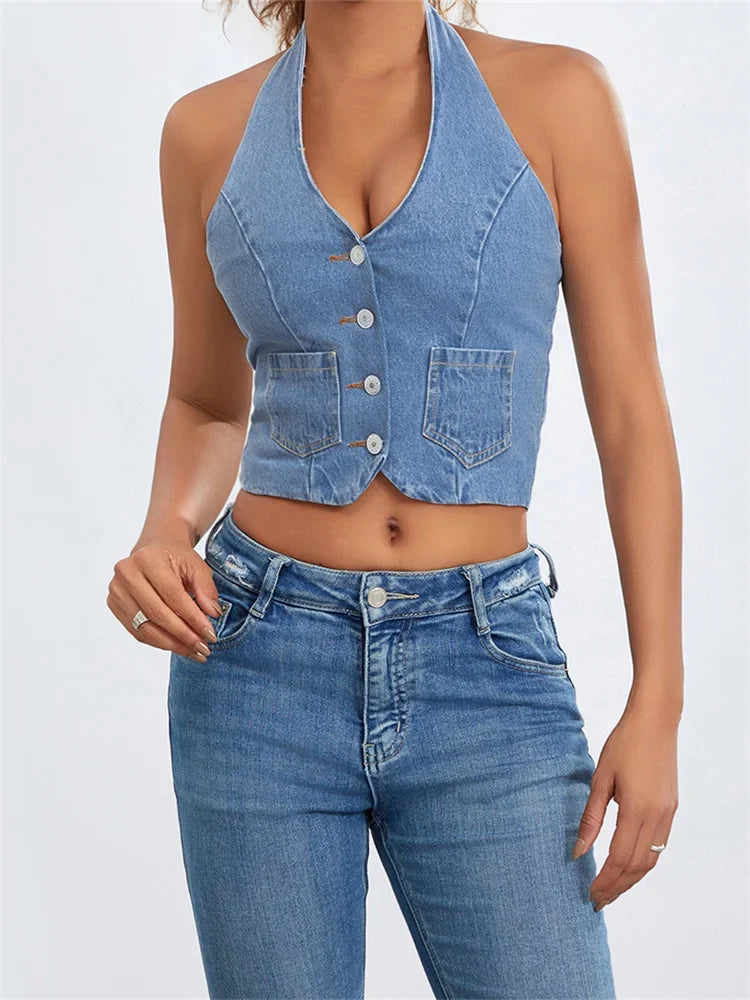 Halter Off Shoulder Sleeveless Backless Buttons Up Summer Denim Vest Club Party Streetwear Crop Top