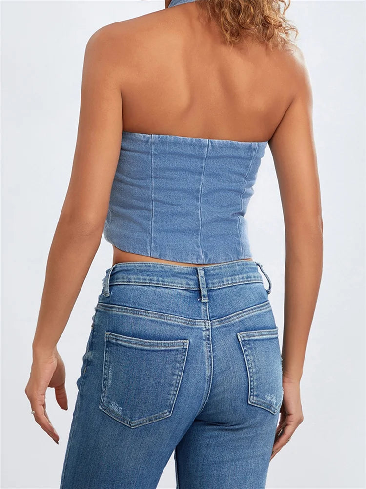 Halter Off Shoulder Sleeveless Backless Buttons Up Summer Denim Vest Club Party Streetwear Crop Top