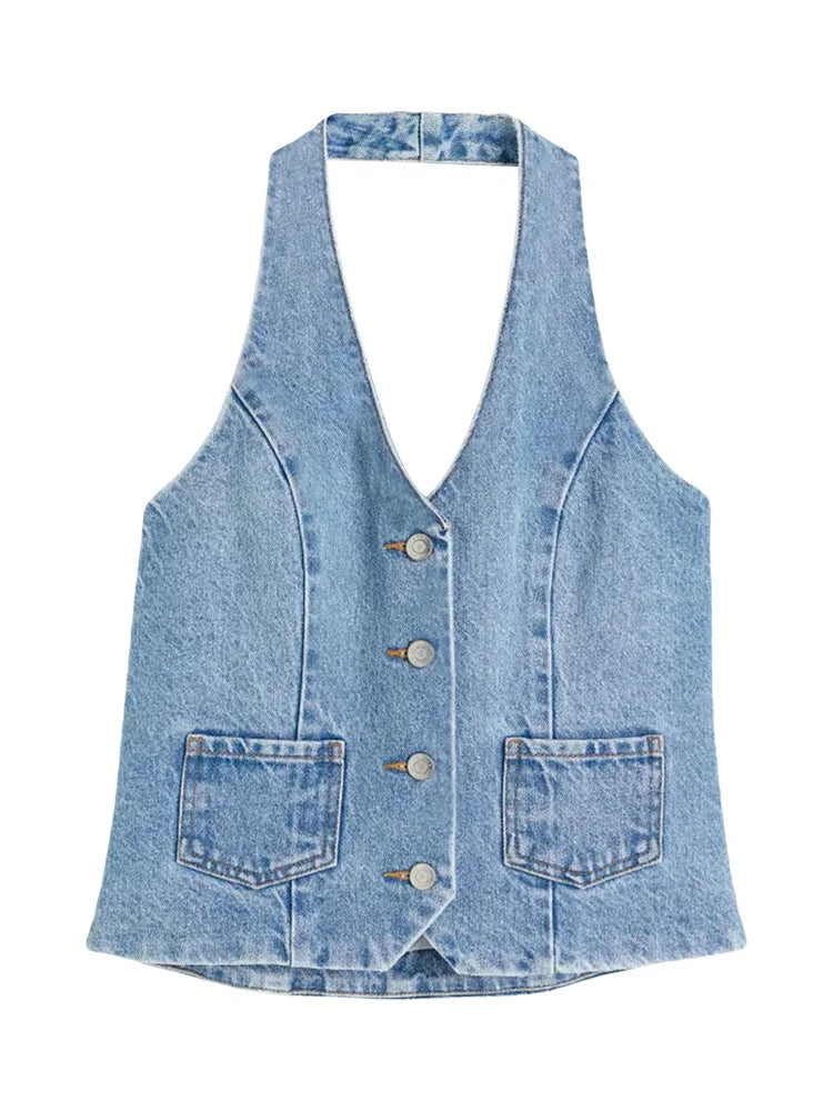 Halter Off Shoulder Sleeveless Backless Buttons Up Summer Denim Vest Club Party Streetwear Crop Top