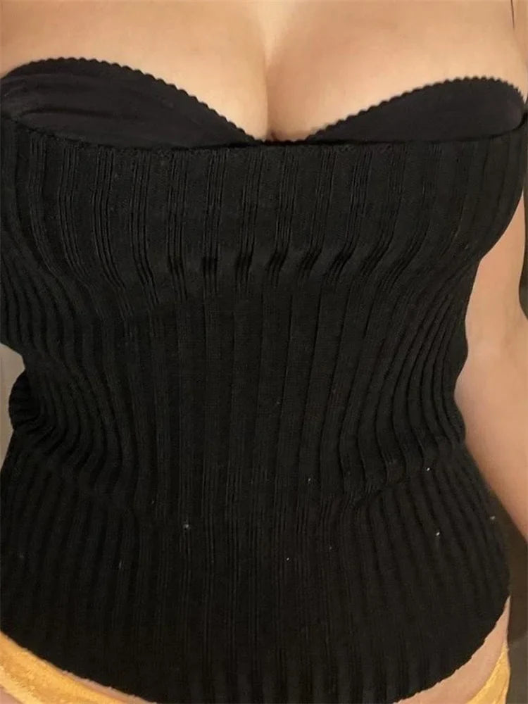 Knitted Ribbed Top Sleeveless Spaghetti Strap Solid Color Slim Fit V-neck Push Up Vest Clubwear Crop Top