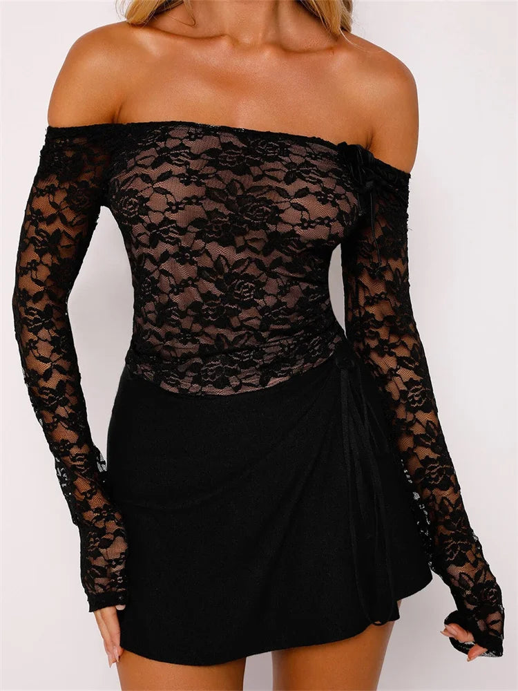 Lace Floral Slash Neck Long Sleeve Off Shoulder Spring Fall T-shirts