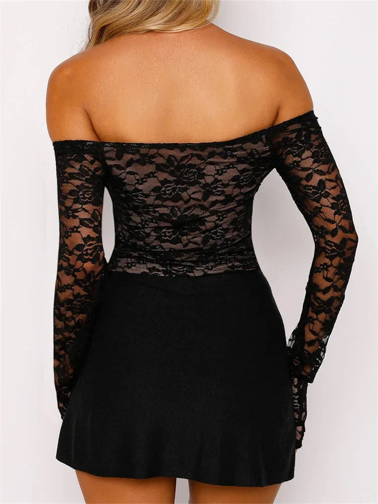 Lace Floral Slash Neck Long Sleeve Off Shoulder Spring Fall T-shirts