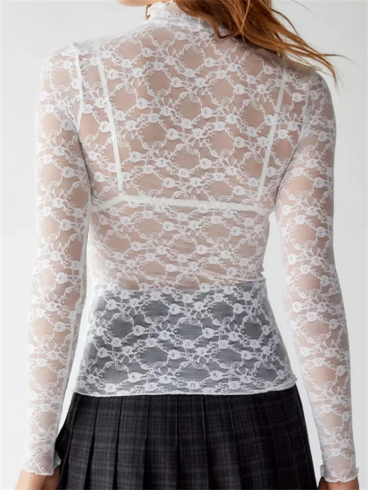 Lace Turtleneck Mesh See Through Fall Club Streetwear T-shirts
