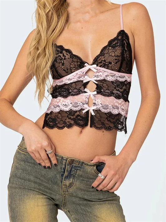 Lace Slim Front Bowknot Patchwork Cutout Spaghetti Strap Mini Vest Exposed Navel Cropped Tanks Crop Top