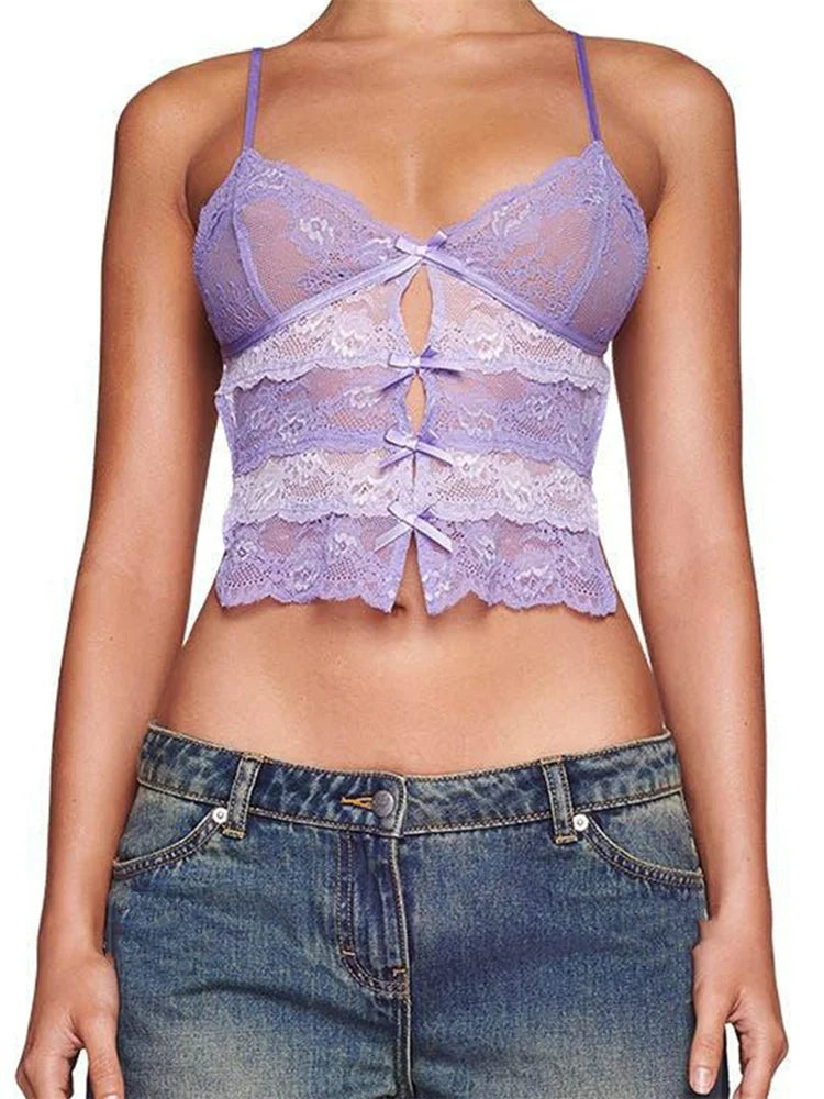 Lace Slim Front Bowknot Patchwork Cutout Spaghetti Strap Mini Vest Exposed Navel Cropped Tanks Crop Top