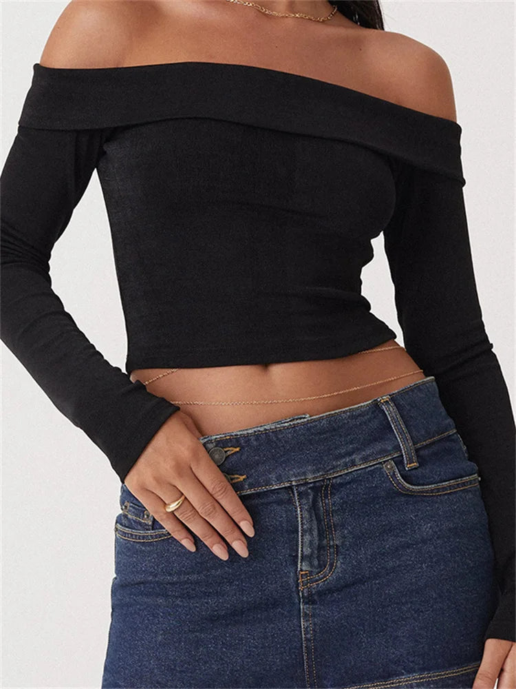 Long Sleeve Slim Fit Casual Exposed Navel Solid Slash Neck Off Shoulder T-shirts