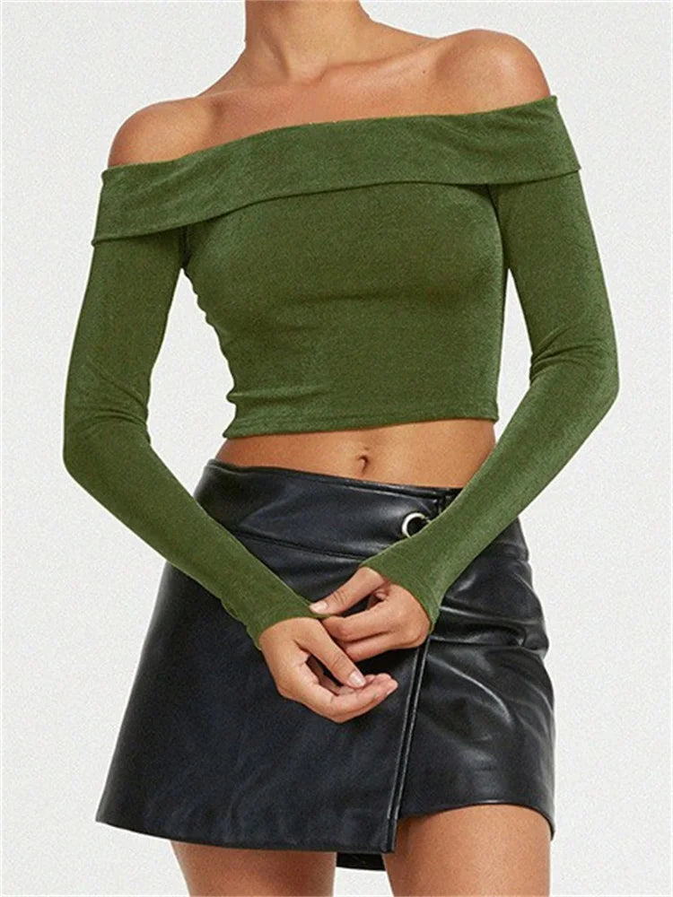Long Sleeve Slim Fit Casual Exposed Navel Solid Slash Neck Off Shoulder T-shirts