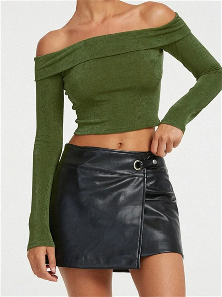 Long Sleeve Slim Fit Casual Exposed Navel Solid Slash Neck Off Shoulder T-shirts