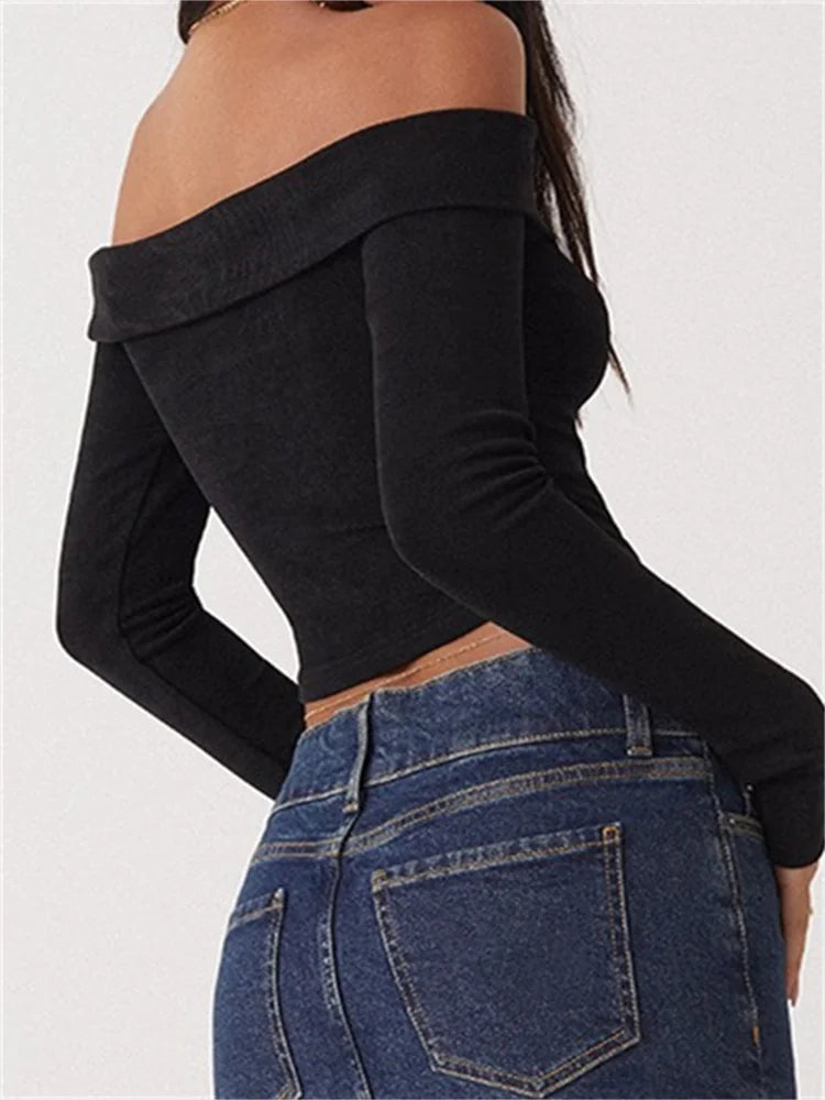 Long Sleeve Slim Fit Casual Exposed Navel Solid Slash Neck Off Shoulder T-shirts