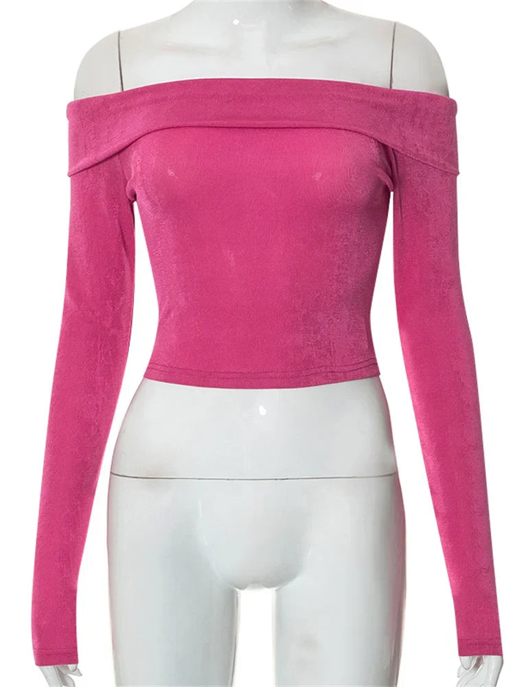 Long Sleeve Slim Fit Casual Exposed Navel Solid Slash Neck Off Shoulder T-shirts