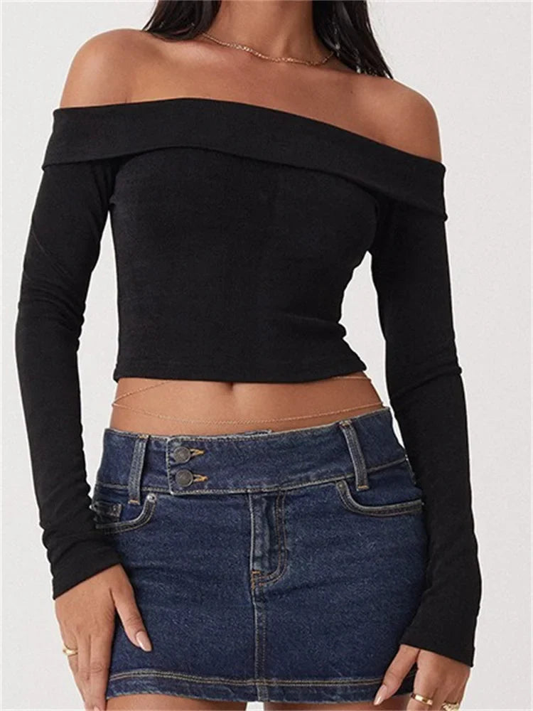 Long Sleeve Slim Fit Casual Exposed Navel Solid Slash Neck Off Shoulder T-shirts