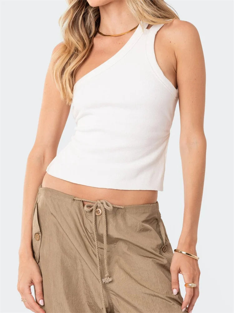 Off Shoulder Single Strap Y2K Sleeveless Slim Fit Backless Solid Mini Streetwear Crop Top