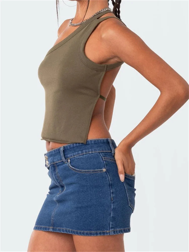 Off Shoulder Single Strap Y2K Sleeveless Slim Fit Backless Solid Mini Streetwear Crop Top
