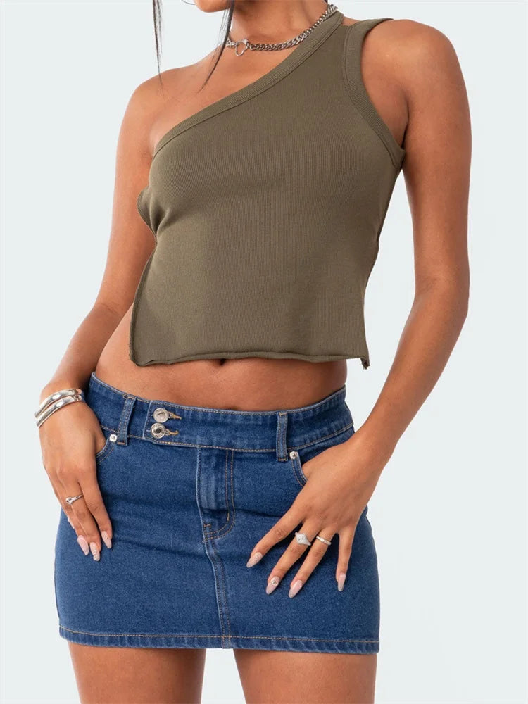 Off Shoulder Single Strap Y2K Sleeveless Slim Fit Backless Solid Mini Streetwear Crop Top