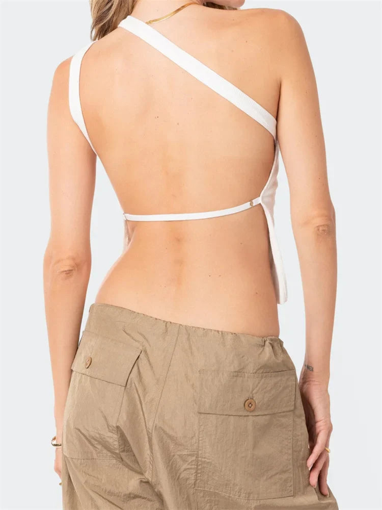 Off Shoulder Single Strap Y2K Sleeveless Slim Fit Backless Solid Mini Streetwear Crop Top