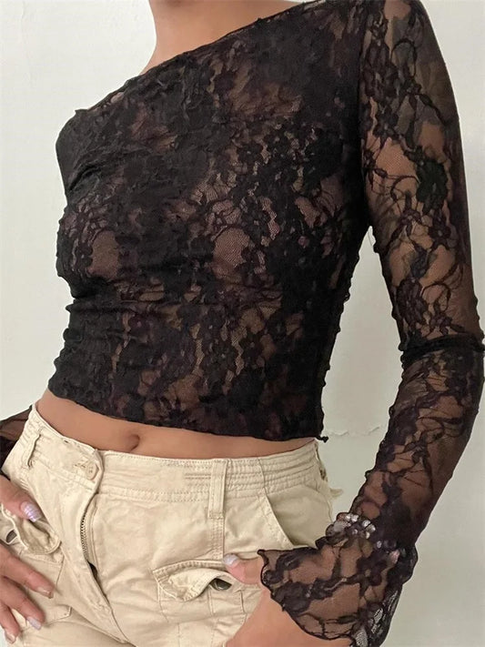 Slash Neck Off Shoulder Lace See-Through Long Sleeve Casual Pullover Club T-shirts