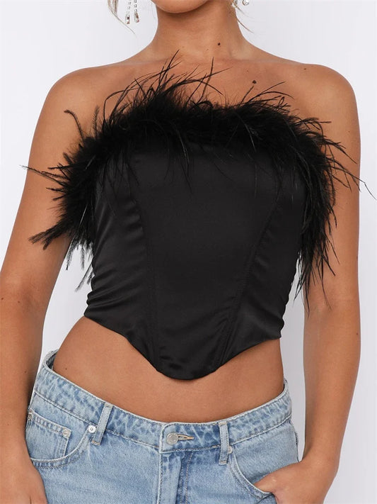 Solid Tube Feather Patchwork Strapless Summer Irregular Hem Exposed Navel Mini Vest Streetwear Crop Top
