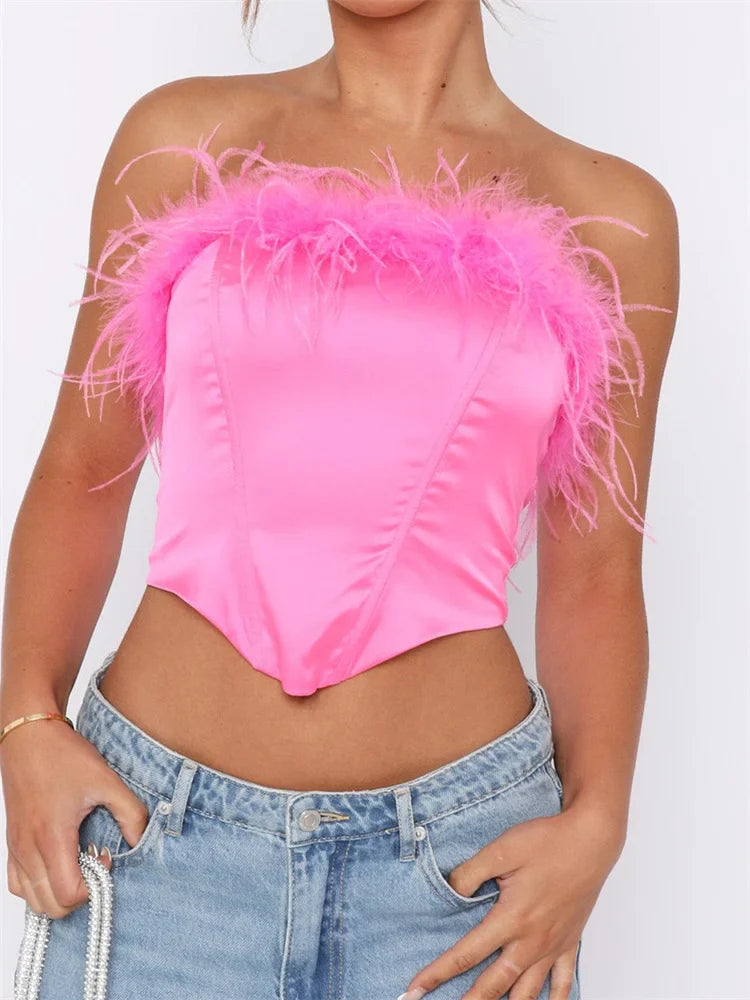 Solid Tube Feather Patchwork Strapless Summer Irregular Hem Exposed Navel Mini Vest Streetwear Crop Top