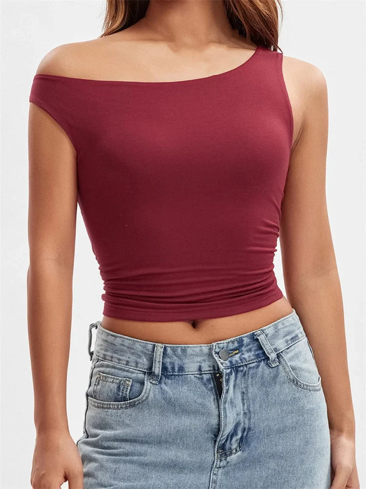 Summer Asymmetrical Hem Solid Color Off Shoulder Ruched Slim Cropped Mini Vest Streetwear Crop Top