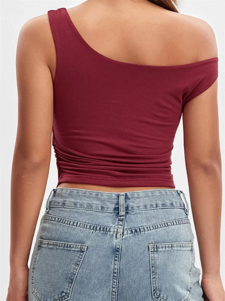 Summer Asymmetrical Hem Solid Color Off Shoulder Ruched Slim Cropped Mini Vest Streetwear Crop Top
