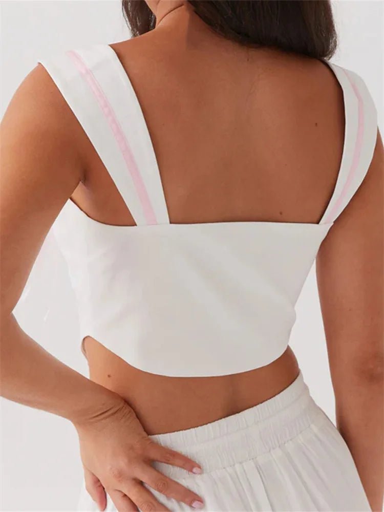 Summer Fashion White Sleeveless Tie-up Strap Front Zip Up Bow Square Neck Mini Vest Streetwear Crop Top