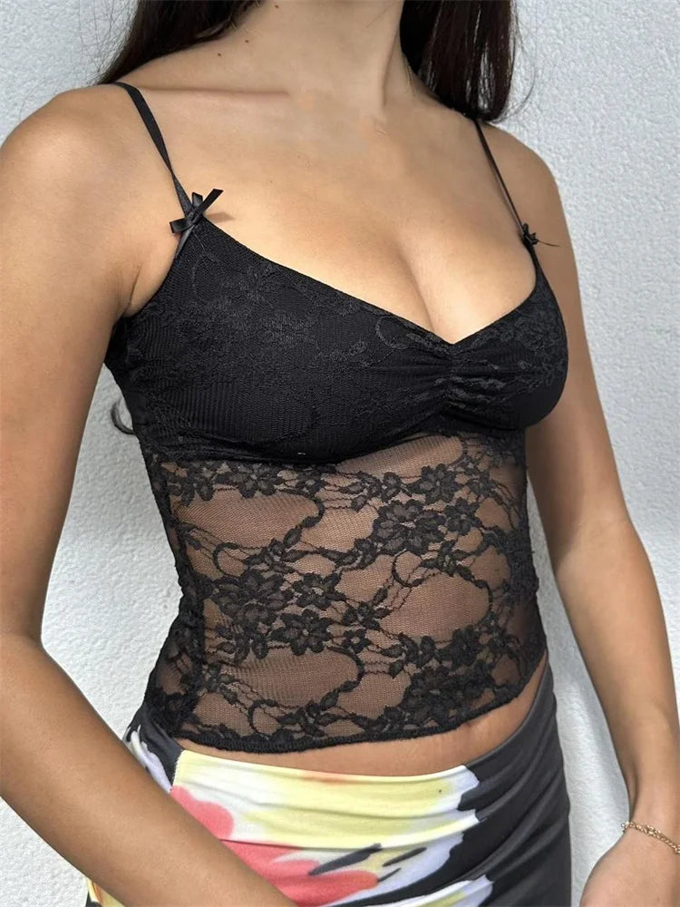 Summer Fashion Sleeveless Deep V Neck Lace Floral Mini Vest Party Club See Through Crop Top