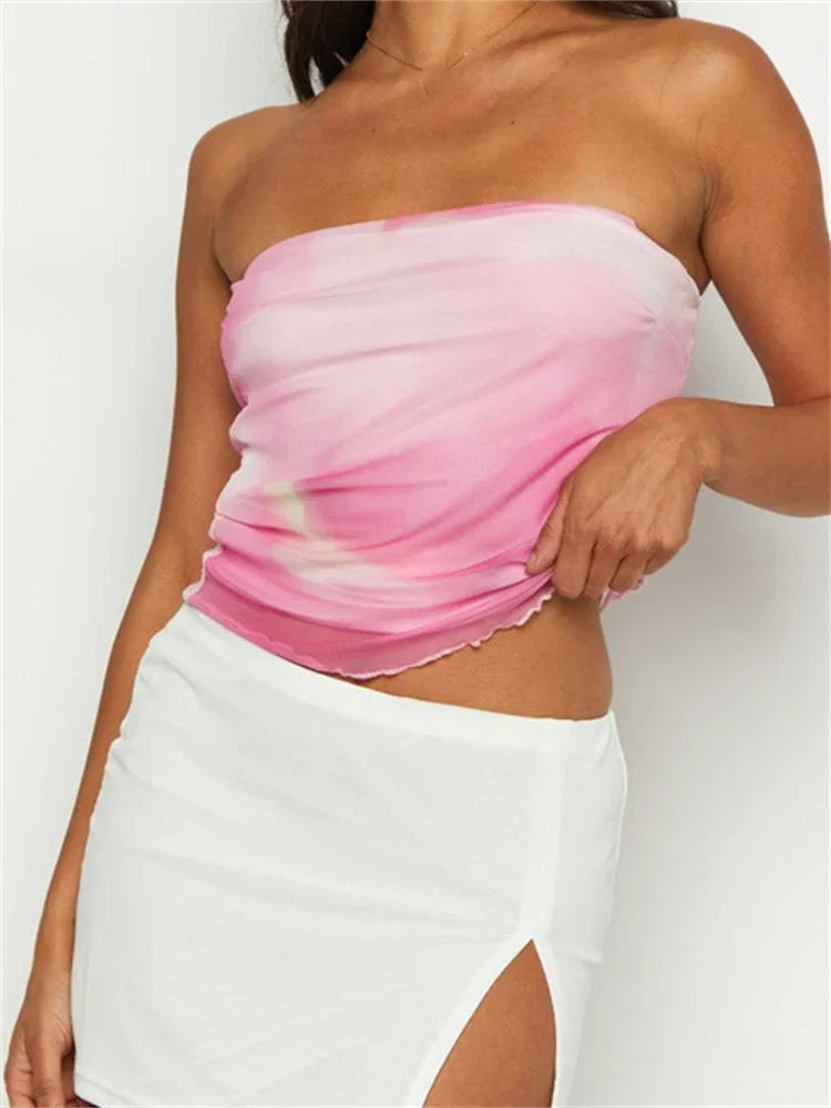 Summer Tube Off Shoulder Solid Color/Floral/Tie Dyeing Print Strapless Bodycon Summer Mini Vests Crop Top