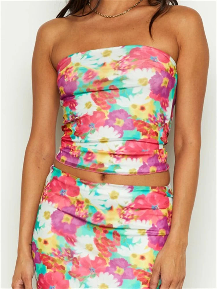 Summer Tube Off Shoulder Solid Color/Floral/Tie Dyeing Print Strapless Bodycon Summer Mini Vests Crop Top