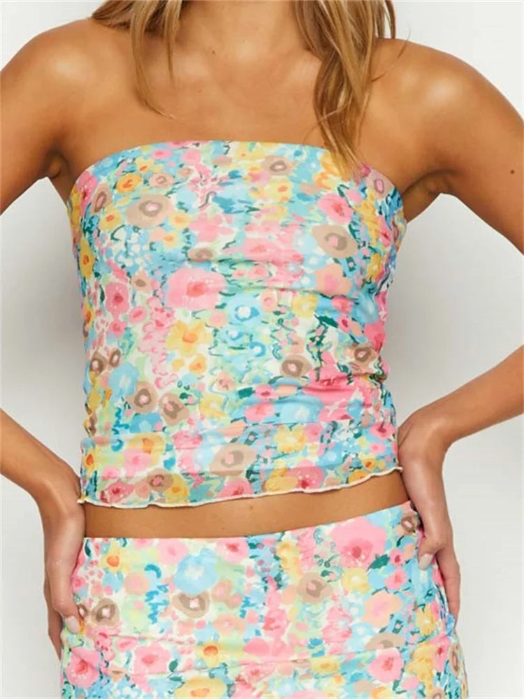 Summer Tube Off Shoulder Solid Color/Floral/Tie Dyeing Print Strapless Bodycon Summer Mini Vests Crop Top