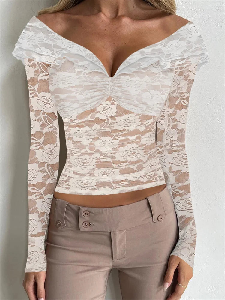 Long Sleeve Off-shoulder See-through Lace Slim Fit Mesh Push Up T-shirts
