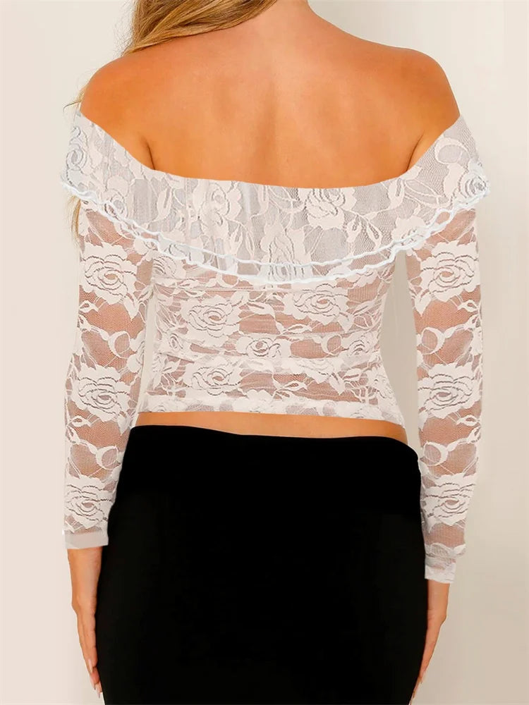 Long Sleeve Off-shoulder See-through Lace Slim Fit Mesh Push Up T-shirts
